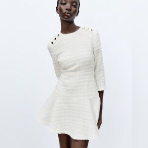ZARA White Boucle Tweed Peplum Side Gold Button Structured Mini Dress Sz S NWOT
